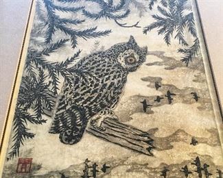 Pencil Signed Japanese Woodbine of an Owl by Masaharu Aoyama