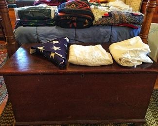 Antique Footed Trunk and Full Size Maple Rope Bed Frame