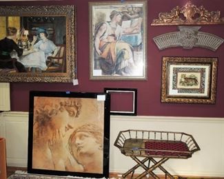 Framed Art: Grecian, Original "Ladies Lunch", Lacquered Angels, Gilded Cherubs, Heavy Metal Tray, Leopard Print  