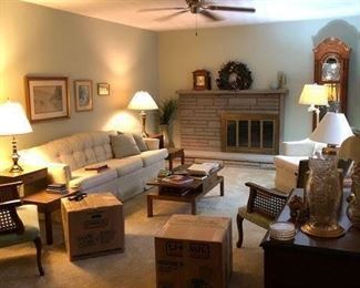 What a warm, welcoming living room, and just think, it can all be yours!  These tables are Vintage, but have such beautiful lines, and are in such great condition, you'll mistake them for new!  Couch is cozy comfy and in very good condition, and the lamps are lovely, work great and will be a welcome addition to any home.  NOTE: Grandfather clock is NOT for sale.