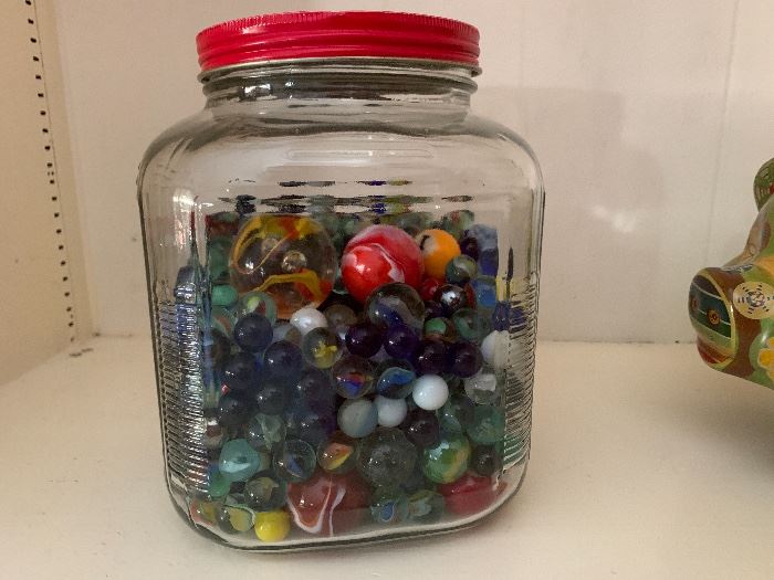 Large jar of marbles - various sizes and ages