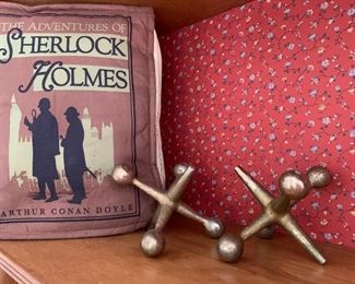 Sherlock Holmes “book” throw pillow and metal jacks bookends 