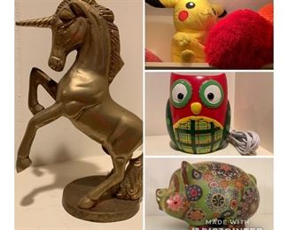 Brass 6 inch unicorn
Pikachu stuffed animal (24 inch)
1 ft “Tribble” throw pillow balls
Retro owl night lamp