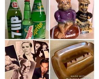 Vintage pop bottles (unopened)
Jim Beam collectible bottles (wheat shoker and purple power)
8x10 photos of celebrities smoking cigars 
Frankoma pottery ashtray