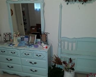 Vintage small dresser with mirror and full bed headboard, footboard, and rails.