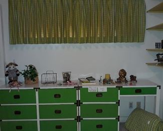 1970's green and white dresser, desk, nightstand, and twin headboard with trundle bed frame. Matching custom bedspread and drapes.