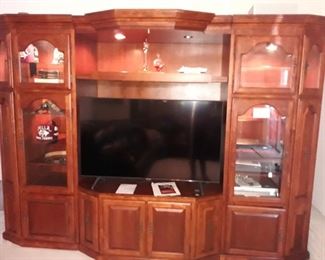 Lighted entertainment center with display cabinets and pull out DVD storage