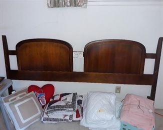 King sized MCM headboard, bed linens 