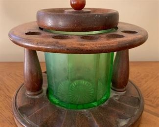 Green Depression Glass Humidor and Pipe Stand