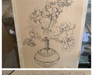 Local Artist "Joan Earle Condoret Pencil Sketch "Roses" 1972 