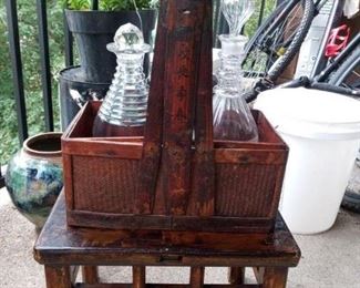 Chinese basket $50.00
Antique small Opium Teak wood table signed
11in tall
15\11 on top $250.00