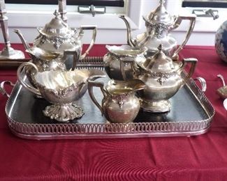 A STERLING SILVER TEA & COFFEE SET, TRAY IS PLATE.