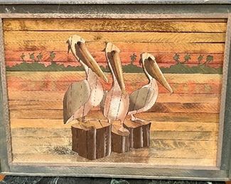 Wood picture of pelicans, very cool.