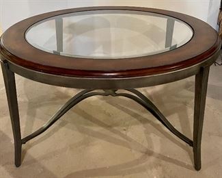 Round metal - wood, glass top, coffee table