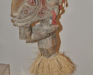 1 of 2 Papua New Guinea Sepik Carved Wood Woman Sculptures with Cowrie Shells and Raffia, 24"H x 7"W x 10"D