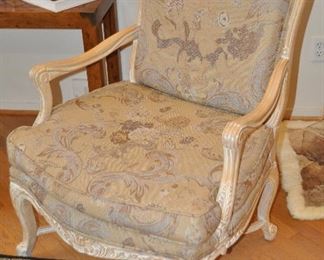 One of the Two Carved Painted French Louis XV Style Armchairs Available, 29"W x 42"H x 28"D