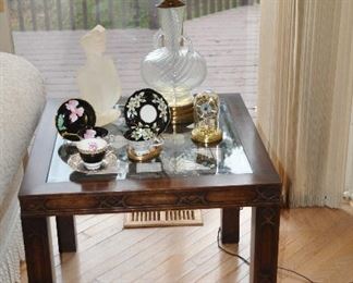 Vintage Lamp with Swirl Glass and Brass Base, 32"H.  Shown with a Lovely Tea Cup Selection