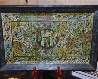 Hand Pained Black Wooden Tray Depicting Colorful Parrots, 20" x 14"