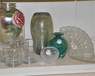 Lovely Glass Items, Including a Small Lalique Vase and a Mdina Green Glass Vase,  Pair of Fenton Glass Fan Button/Daisy Plates 