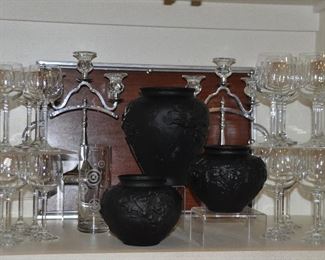 3 Black Satin Tiffin Vases, a Pair of  Vintage Farberware 3-Arm Candlesticks, a 7.5" Modern Baccarat Swirl Bud Vase and Two Sets of 12 Wine Glasses