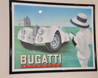 Framed Bugatti Atlantic, "Lithographe Originale, Edition Limitee"  Lithograph Poster Signed Razzia,  61" x 48"
