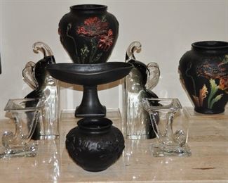 Three Wonderful Black Satin Tiffin Vases, a Pair of 13” Glass Trumpeting Elephants Book Ends from Dolbi Cashier, a pair of Cornucopia Depression Glass  Vase's, and a McCoy Black Satin Planter