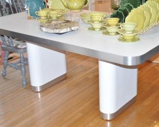 Custom Made White Formica Table with Brushed Aluminum Edge and Band on a Double Base, 70"W x 30"H x 40"D (As Is)