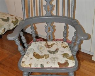 One of 2 Wood Arm Chairs, Painted Gray, with Cushions
