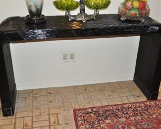 Glossy Textured Black Foyer Table with Waterfall Edges, 5'W x 32.5"H x 16.5"D