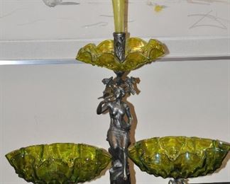 Large Art Nouveau Centerpiece, Probably WMF, Silver-Plated Tin, Green Glass Vase and Three Glass Plates, 20"W x 24"H x 9"D