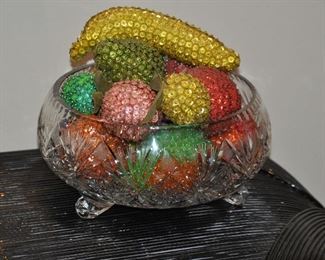 Large Footed Glass Bowl with Vintage 1960's Beaded Pin Fruit, Colorful