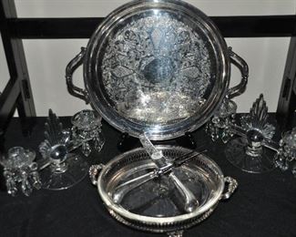 Eaton Silver-Plate Footed Round Handled Tray Shown with a Pair of Vintage Fostoria Flame Clear Glass Double Arm Candle Holders with Drops