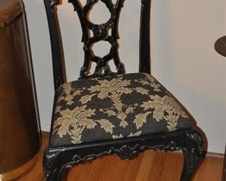 One of the Two Chippendale Black Painted Upholstered Dining Chairs, Sold as a Set