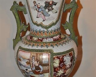 Antique Hand Painted Satsuma Moriage Double Handled 15.25" Vase
