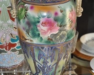 Antique 16" Imperial Nippon Hand Painted Rose Motif Vase with Double Handles