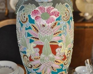 Satsuma Moriage Japanese Vase with Beaded Lip and Double Handles, 18.25"