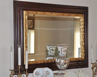 Gorgeous Fruit Wood Mirror with antique Gold Leaves and Beveled Glass, 37" x 49.5"