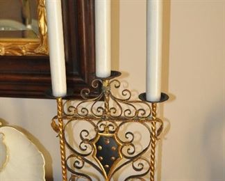 One of the Two Three Arm Painted Gold Metal Buffet Lamps, 10.5"w x 26"h x 4.75"d