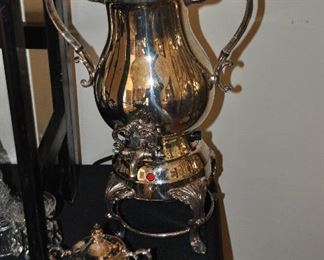 Eaton Silver Plate Electric Percolator Coffee Urn Shown with Creamer and Covered Sugar Holder 