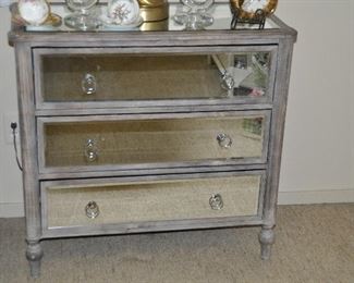 Three Drawer Silver Wood Glam Dresser with Beveled Mirror Top and Fronts, 34"w x 32"h x 16"d 