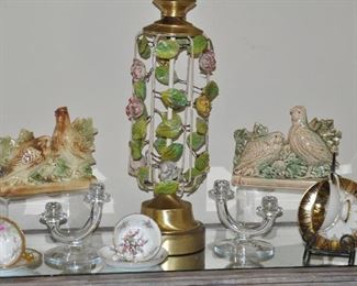 A Wonderful Pair of Antique McCoy Pottery Quail Planters c.1900’s USA, a Pair of Depression Glass Two Arm Candle Holders and a Sample of the Wonderful Tea Cups Available!