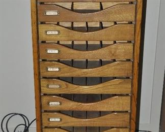 Fabulous Globe Wernicke Oak Tambour Front 9 Drawer File/Organizer with Original Dividers and Working Lock and Key, 40.75"h x 18.75"w x 16"d