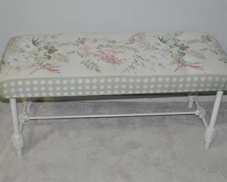 Window Seat/Bench by Berkshire Furniture Co. Upholsterd in a Soft Green, Pink and White Floral Fabric with Painted White Metal Base, 42"w x 19"h x 17"d