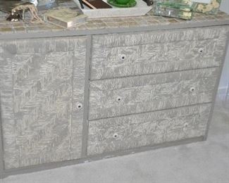 Vintage Henry Link Painted Grey 3 Drawer Wicker Dresser with Side Door for Storage. Top Has Been Tiled to Match the Grey Painted Surround, 46"w x31"h x 20"d