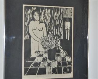 "Woman and Flowers" Woodblock”, by Linda Wolnez. Pencil Signed, 1/4, 1967.  20"x 24"