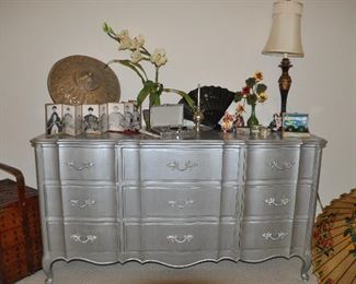 Vintage French Provincial Panted Grey Dixie Dresser with Large Assortment of Asian Decor, Including Rare Vintage Items
