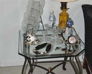 One of 2 Bevel Glass and Wrought Iron Side Tables