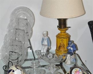 29" Hand-Painted Wood Lamp, Fostoria Depression Glass Plates, LLadro and More