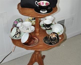 Two-Tier 3-Legged Wood Table, 26" x 20" Diameter. Displayed with Part of Large Tea Cup Collection