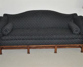 Very Nice Camel-Back Navy/Print Sofa with Rolled Bolster Pillows, Nail-Head Trim and Carved Wood Base and Legs, 79"W x 34"H x 32"W